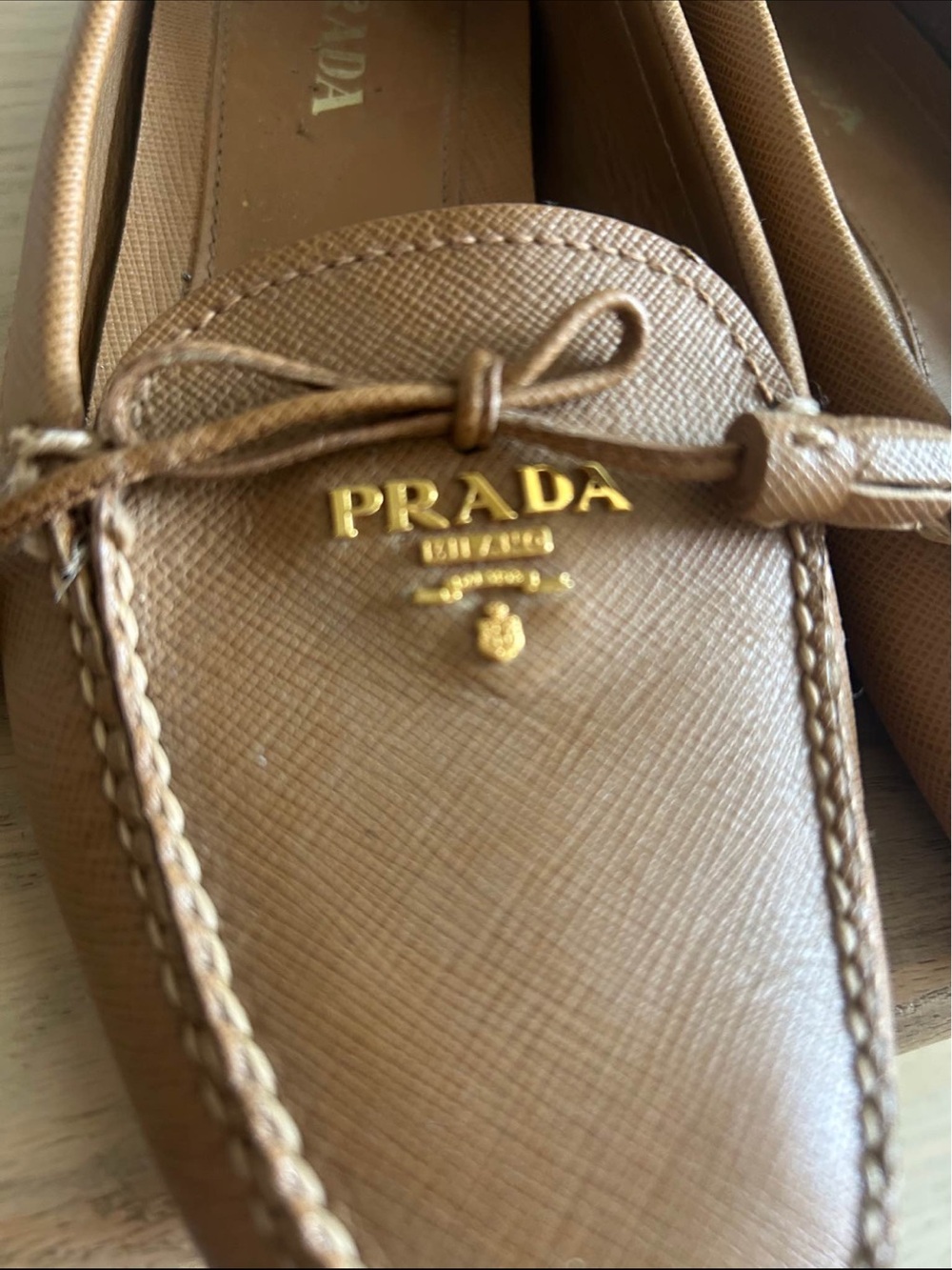 Prada Brown Saffiano Leather Bow Loafers